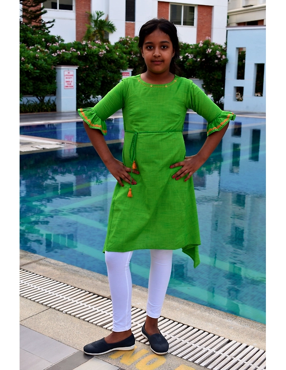 Green Hand Embroidered Kurta With Flared Sleeves: Lk385B-12-13-2