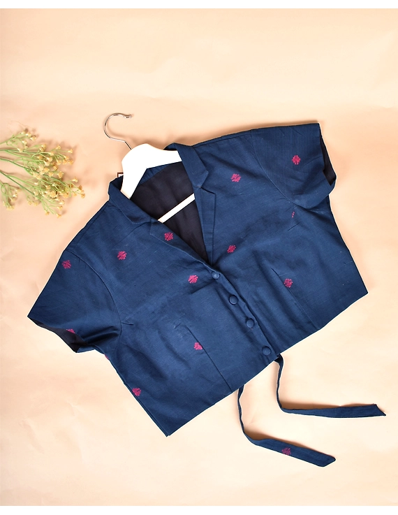 Dark Blue Handloom Blouse With Back Ties - RB08D-S-4