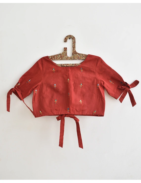 Red handloom blouse with ties on sleeves and back : RB14A-L-6