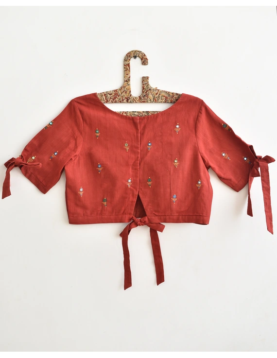 Red handloom blouse with ties on sleeves and back : RB14A-XL-5