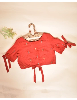 Red handloom blouse with ties on sleeves and back : RB14A-L-2-sm
