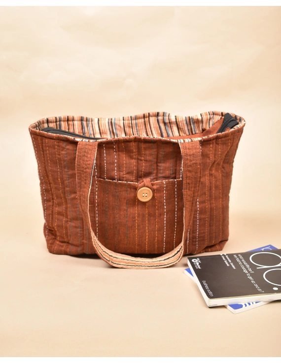 Blue and brown embroidered tote bag: TBC07A-2