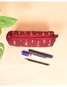 Maroon Ikat round shape pencil pouch : PPR01D-3-sm