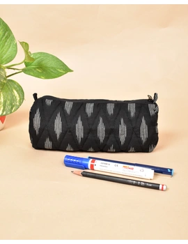 Black ikat round shape pencil pouch: PPR01E-PPR01E-sm