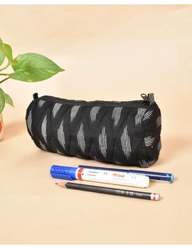 Black ikat round shape pencil pouch: PPR01E-1-sm