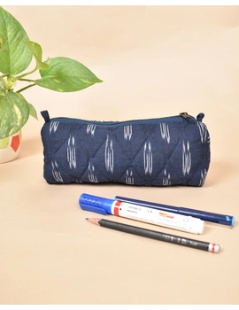 Blue Ikat round shape pencil pouch: PPR01F-PPR01F-sm