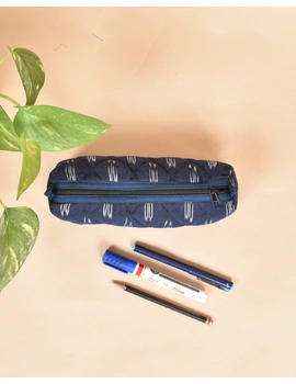 Blue Ikat round shape pencil pouch: PPR01F-1-sm