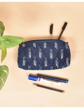 Blue Ikat round shape pencil pouch: PPR01F-3-sm