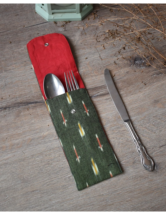 Travel cutlery pouch or reusable straw holder in green ikat - set of four - HTC04AD-1