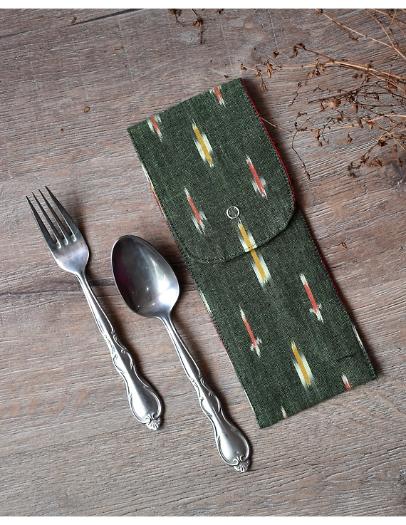 Travel cutlery pouch or reusable straw holder in green ikat - set of four - HTC04AD-2