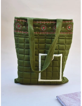 MUSTARD GREEN SILK QUILTED TOTE CUM LAPTOP BAG WITH HAND EMBROIDERY: TBA02D-TBA02D-sm