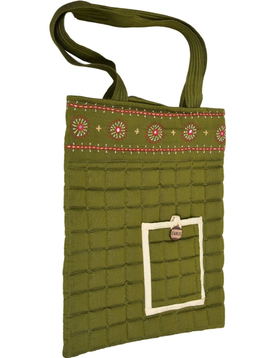 MUSTARD GREEN SILK QUILTED TOTE CUM LAPTOP BAG WITH HAND EMBROIDERY: TBA02D-1