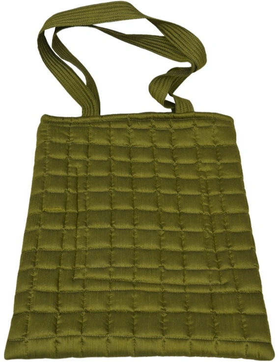 MUSTARD GREEN SILK QUILTED TOTE CUM LAPTOP BAG WITH HAND EMBROIDERY: TBA02D-2