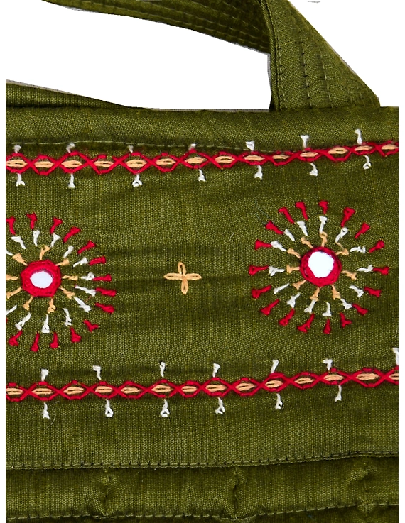 MUSTARD GREEN SILK QUILTED TOTE CUM LAPTOP BAG WITH HAND EMBROIDERY: TBA02D-3