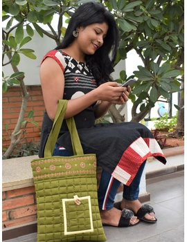 MUSTARD GREEN SILK QUILTED TOTE CUM LAPTOP BAG WITH HAND EMBROIDERY: TBA02D-5-sm