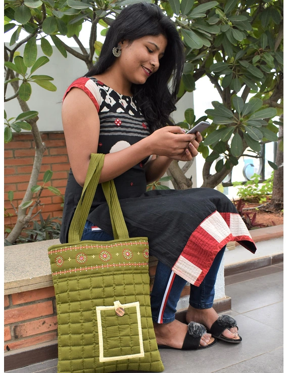 MUSTARD GREEN SILK QUILTED TOTE CUM LAPTOP BAG WITH HAND EMBROIDERY: TBA02D-5