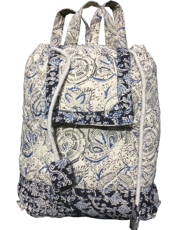 Quilted blue and black kalamkari backpack bag: VBPS04D-1