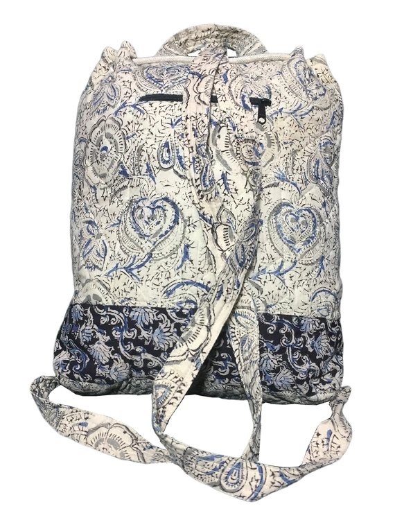 Quilted blue and black kalamkari backpack bag: VBPS04D-3