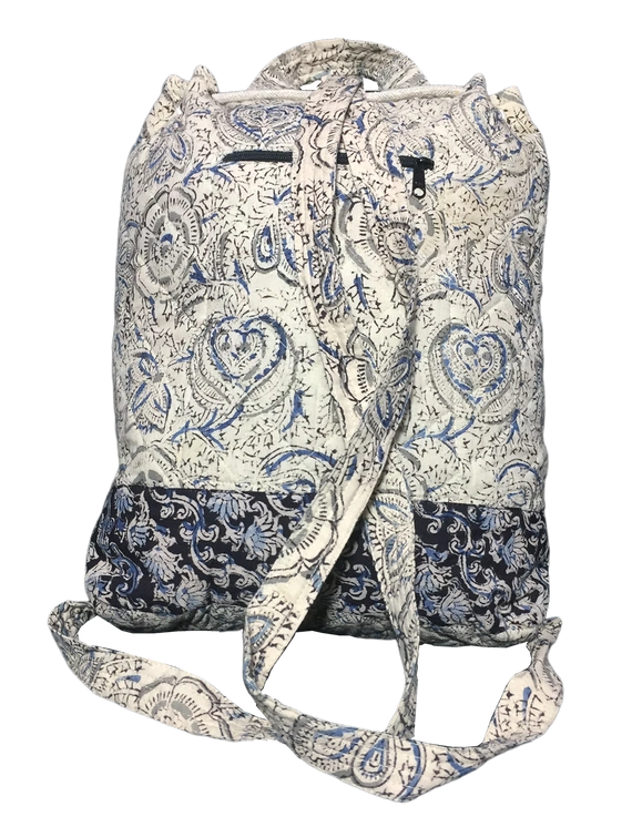Quilted blue and black kalamkari backpack bag: VBPS04D-4