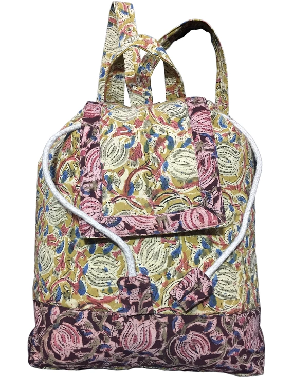 Quilted yellow and brown kalamkari backpack bag : VBPS05D-2