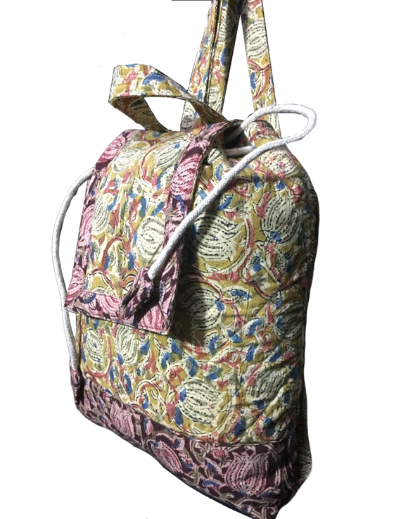 Quilted yellow and brown kalamkari backpack bag : VBPS05D-3