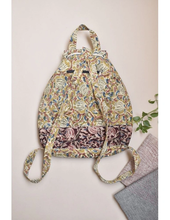 Quilted yellow and brown kalamkari backpack bag : VBPS05D-6