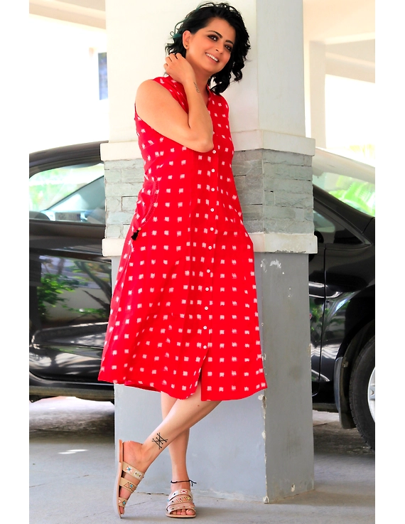 SLEEVELESS A LINE DRESS WITH EMBROIDERED POCKETS IN RED DOUBLE IKAT FABRIC: LD310A-M-1