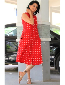 SLEEVELESS A LINE DRESS WITH EMBROIDERED POCKETS IN RED DOUBLE IKAT FABRIC: LD310A-L-1-sm