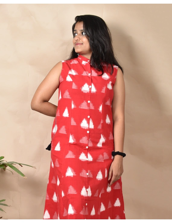 SLEEVELESS A LINE DRESS WITH EMBROIDERED POCKETS IN RED DOUBLE IKAT FABRIC: LD310A-L-4
