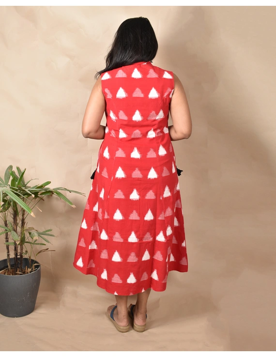 SLEEVELESS A LINE DRESS WITH EMBROIDERED POCKETS IN RED DOUBLE IKAT FABRIC: LD310A-M-3
