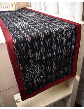 Black and Grey ikat reversible table runner with kantha embroidery: HTR15A-13x72-1-sm