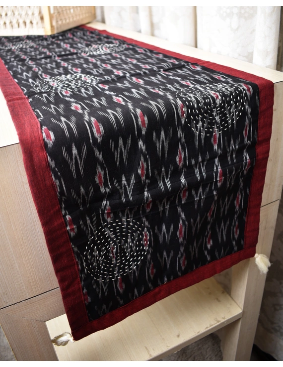 Black and Grey ikat reversible table runner with kantha embroidery: HTR15A-13x72-1