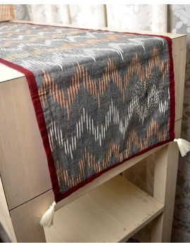 Black and Grey ikat reversible table runner with kantha embroidery: HTR15A-2-sm
