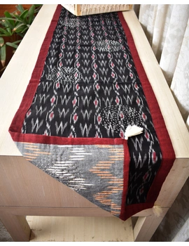 Black and Grey ikat reversible table runner with kantha embroidery: HTR15A-13x72-3-sm