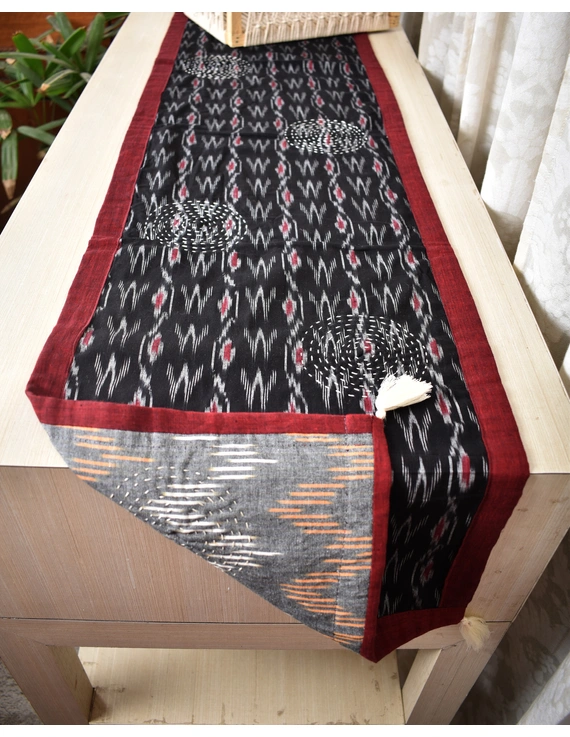Black and Grey ikat reversible table runner with kantha embroidery: HTR15A-13x72-3