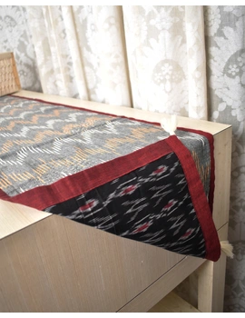 Black and Grey ikat reversible table runner with kantha embroidery: HTR15A-4-sm