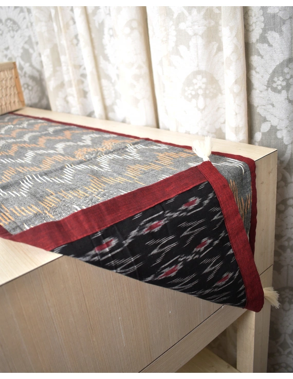 Black and Grey ikat reversible table runner with kantha embroidery: HTR15A-13x72-4