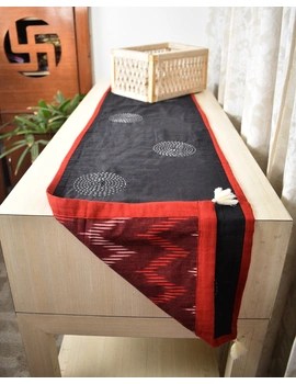 Maroon and Black ikat reversible table runner with kantha embroidery: HTR15B-HTR15B-sm