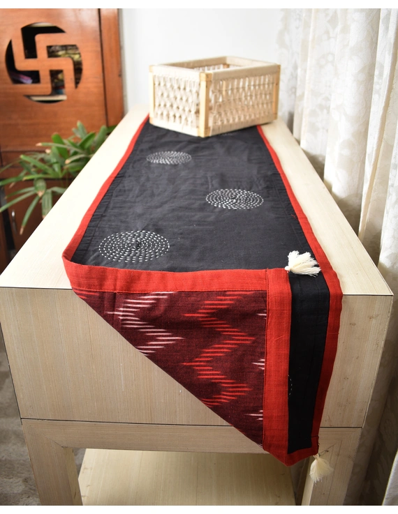 Maroon and Black ikat reversible table runner with kantha embroidery: HTR15B-HTR15B