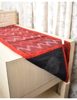 Maroon and Black ikat reversible table runner with kantha embroidery: HTR15B-2-sm