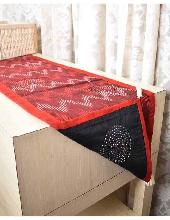 Maroon and Black ikat reversible table runner with kantha embroidery: HTR15B-2