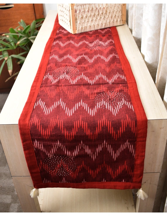 Maroon and Black ikat reversible table runner with kantha embroidery: HTR15B-13x72-3