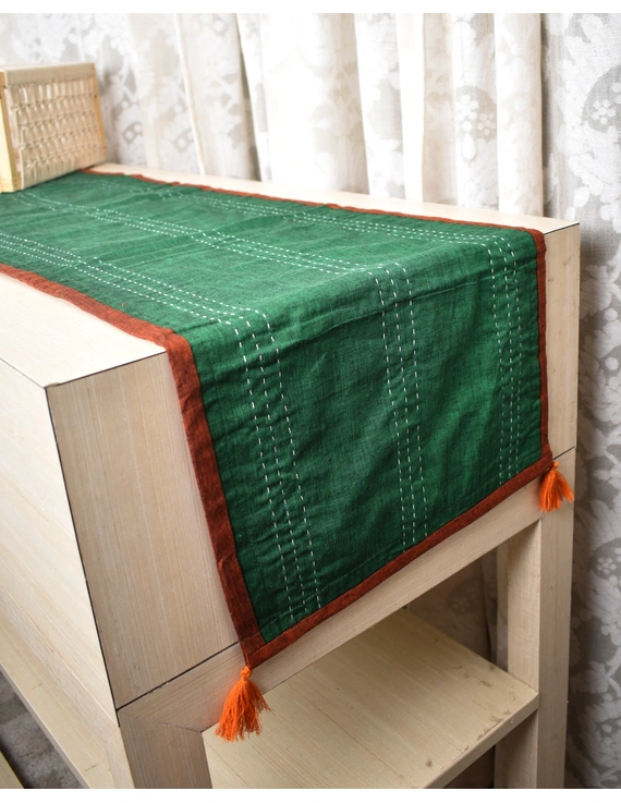 Rust and Green ikat reversible table runner with kantha embroidery: HTR15C-4