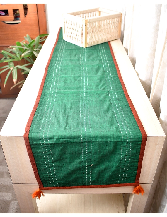 Rust and Green ikat reversible table runner with kantha embroidery: HTR15C-13x72-3