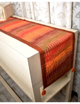 Rust and Green ikat reversible table runner with kantha embroidery: HTR15C-HTR15CS-sm