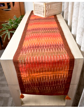 Rust and Green ikat reversible table runner with kantha embroidery: HTR15C-13x48-2-sm