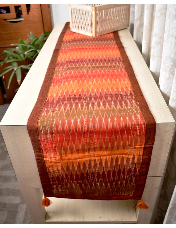 Rust and Green ikat reversible table runner with kantha embroidery: HTR15C-2