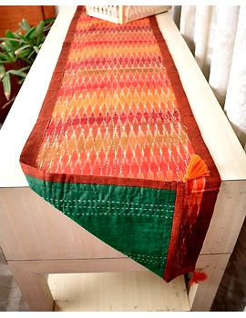 Rust and Green ikat reversible table runner with kantha embroidery: HTR15C-13x72-1-sm