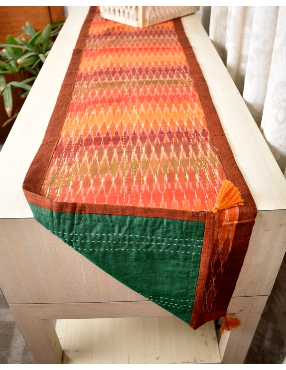 Rust and Green ikat reversible table runner with kantha embroidery: HTR15C-13x72-1