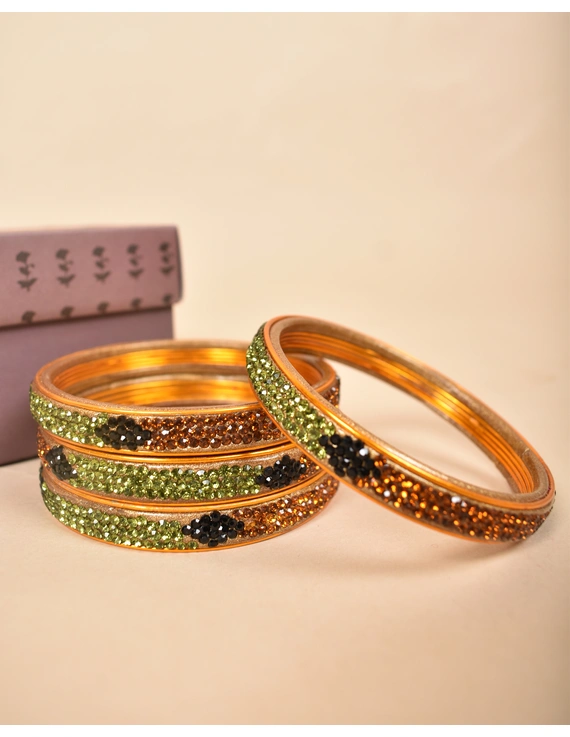 Pair of stone studded lac bangles in golden green tones: FL03GO-FL03GO08